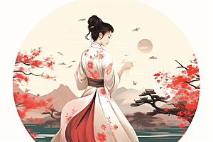 旗袍美女中国风手绘插画