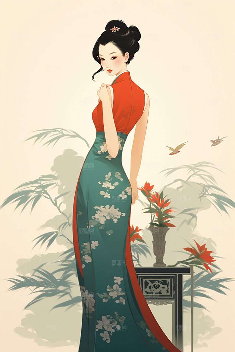 旗袍美女水墨手绘插画