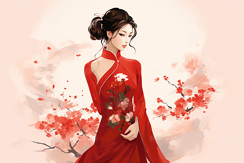 旗袍美女优雅中国风插画