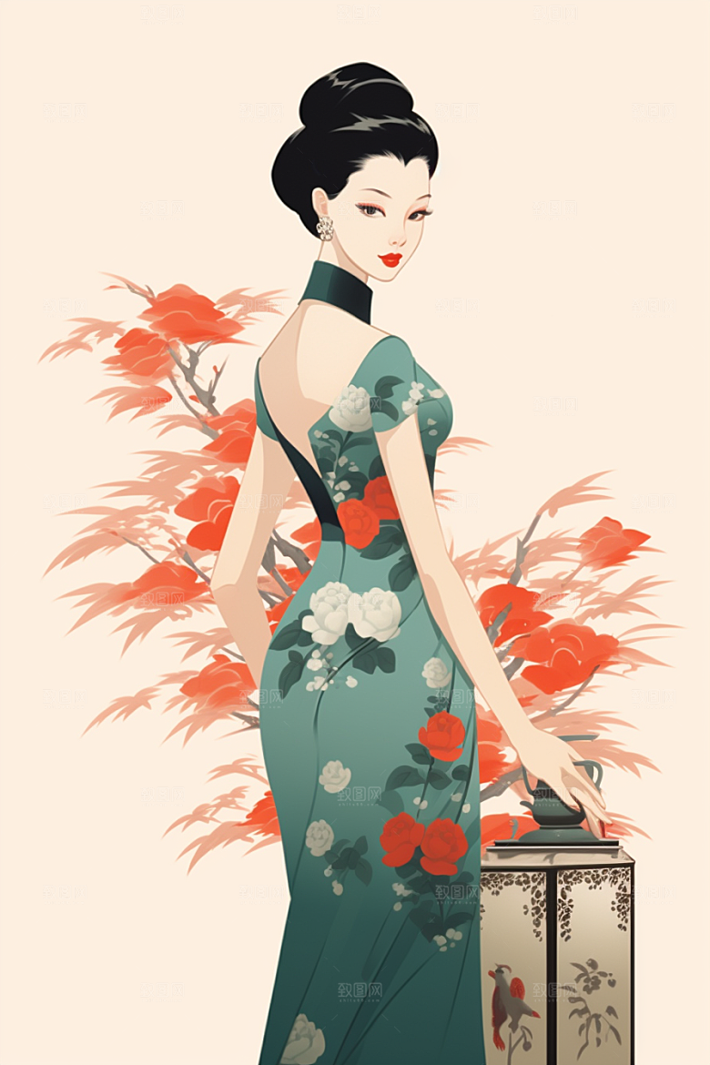 旗袍美女传统中式美女插画