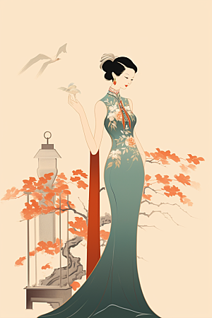 旗袍美女中式美女艺术插画