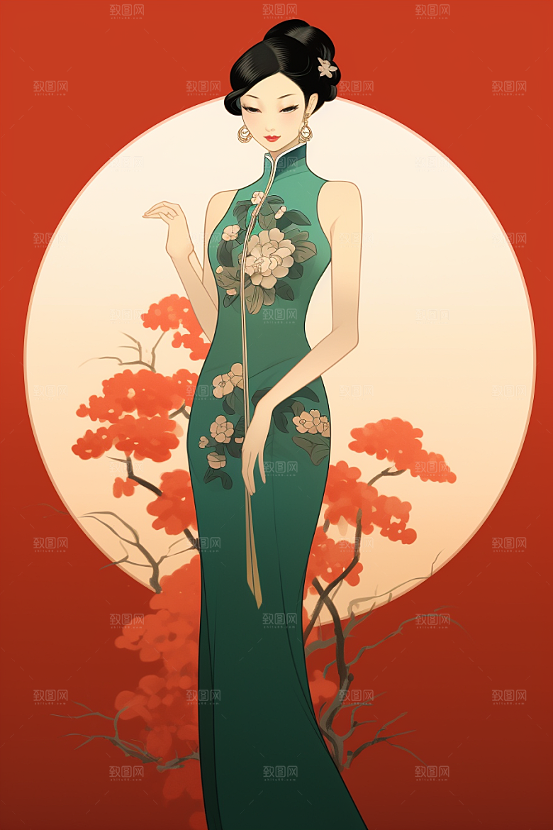 旗袍美女水墨新中式插画