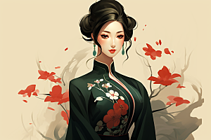 旗袍美女手绘新中式插画