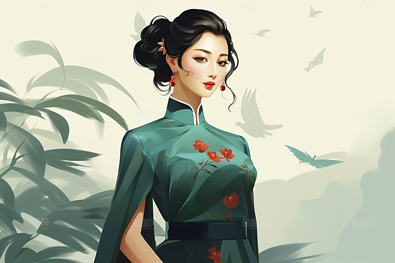 旗袍美女新中式水墨插画