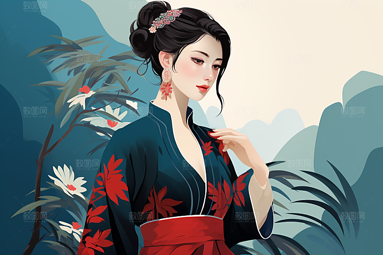 旗袍美女新中式优雅插画