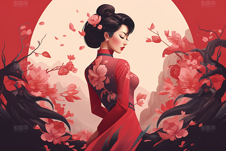旗袍美女水墨手绘插画