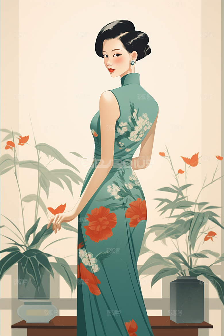 旗袍美女高贵传统插画