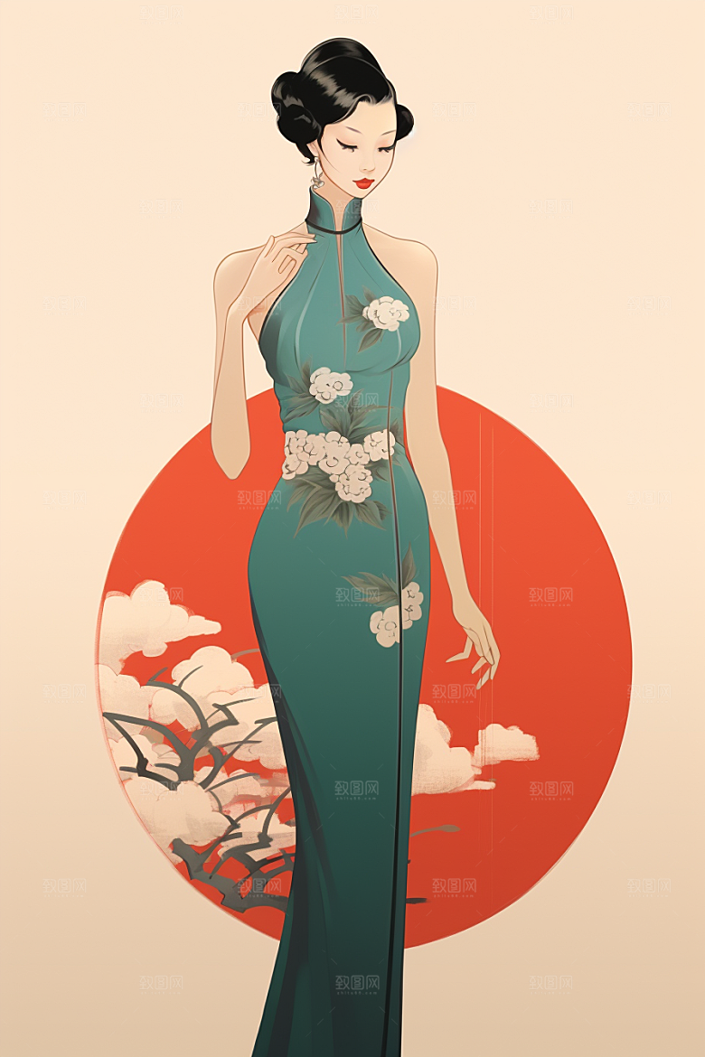 旗袍美女艺术传统插画