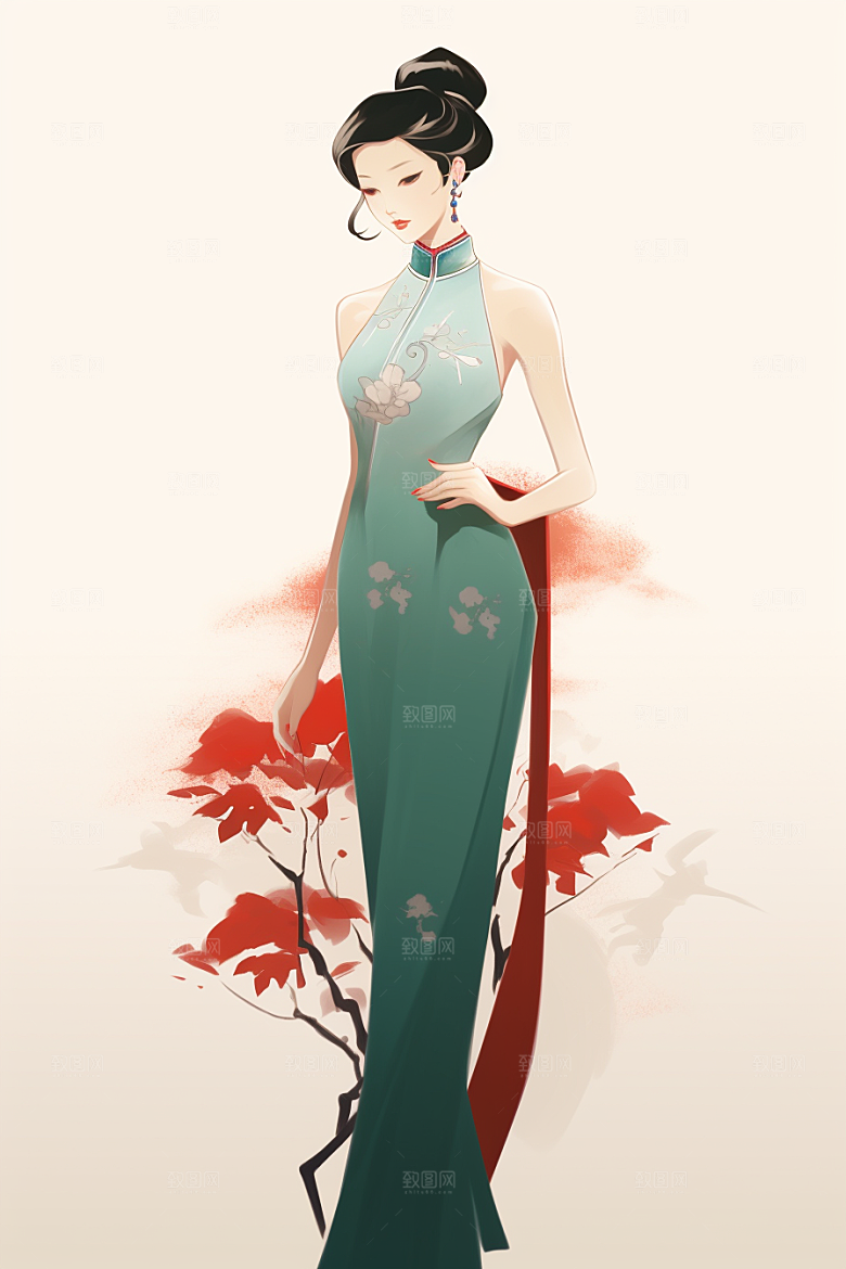 旗袍美女典雅水墨插画