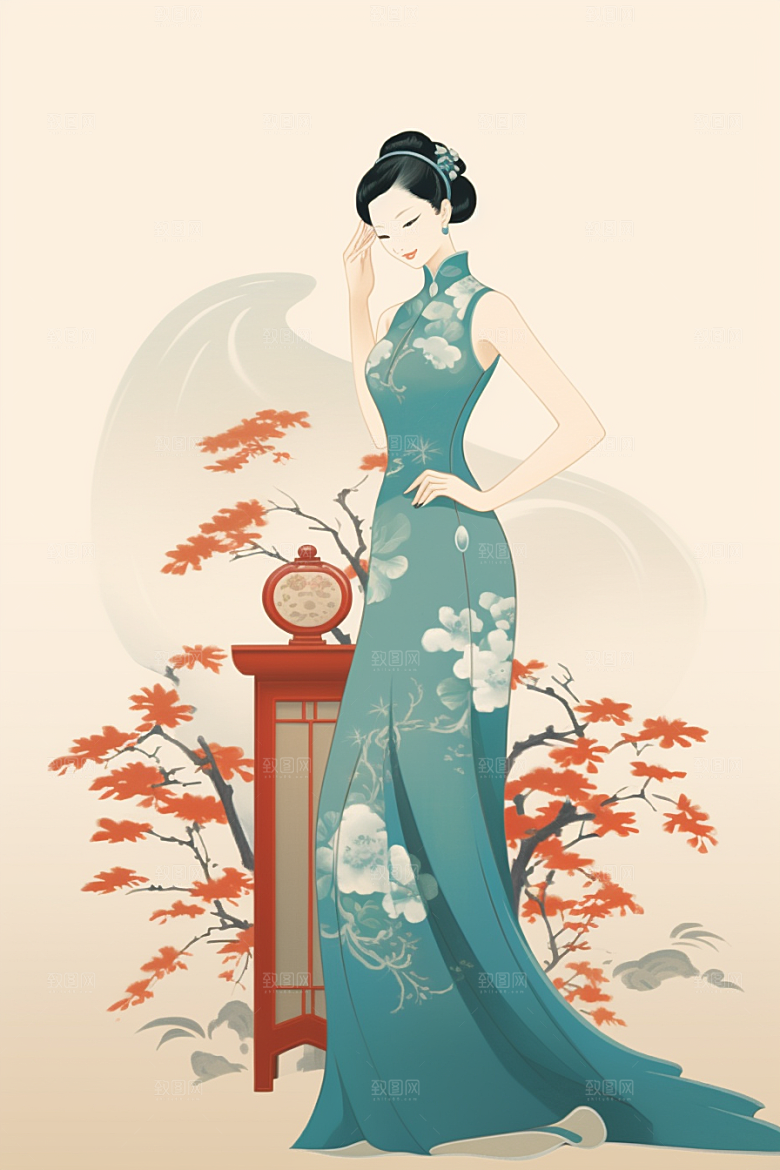 旗袍美女中式美女优雅插画