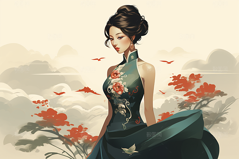 旗袍美女传统典雅插画