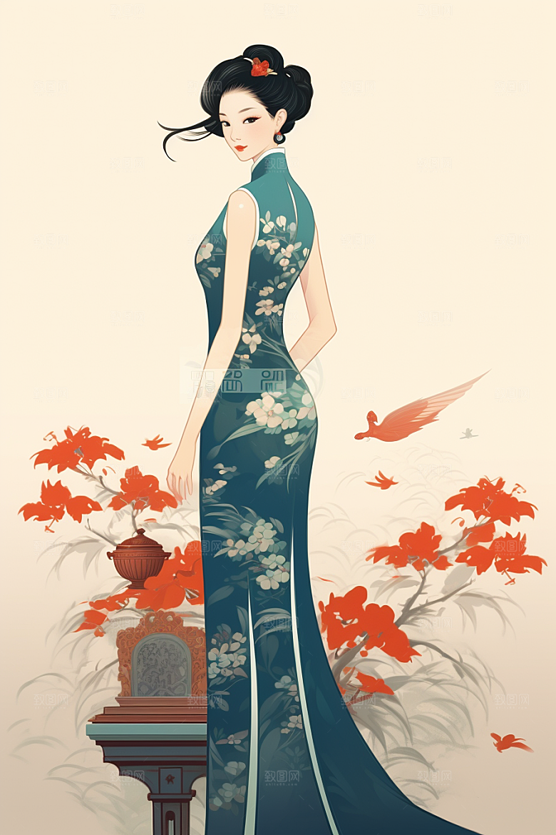 旗袍美女传统优雅插画