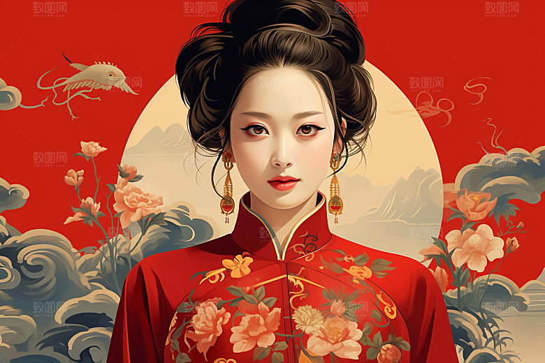 旗袍美女典雅中式美女插画