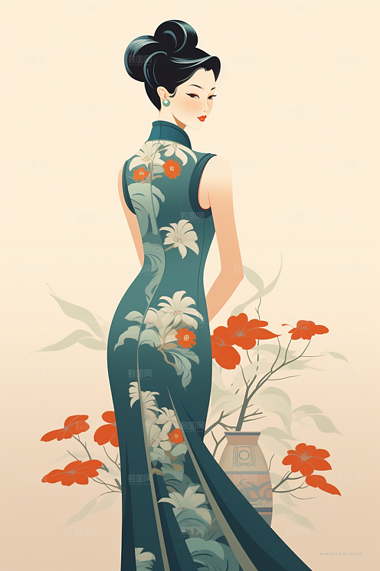 旗袍美女优雅典雅插画