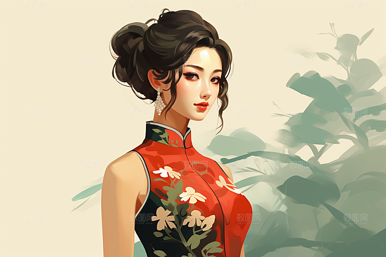 旗袍美女优雅艺术插画