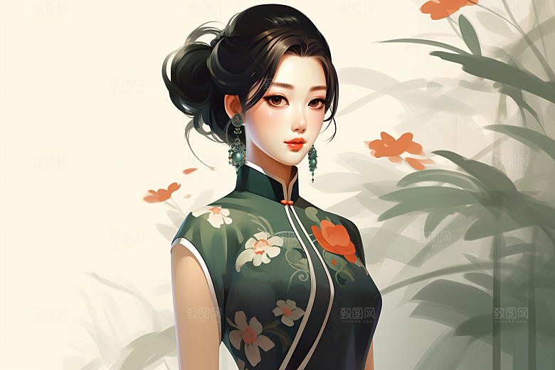 旗袍美女高贵典雅插画