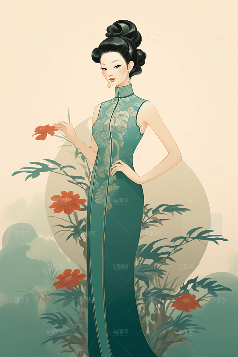 旗袍美女传统高贵插画
