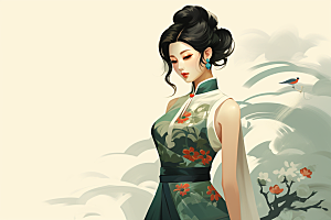 旗袍美女中式美女手绘插画
