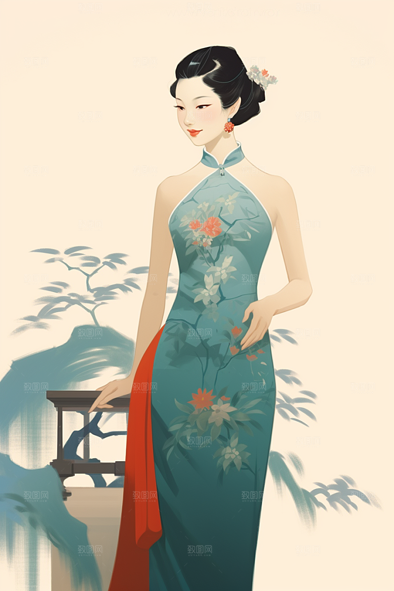 旗袍美女中式美女水墨插画