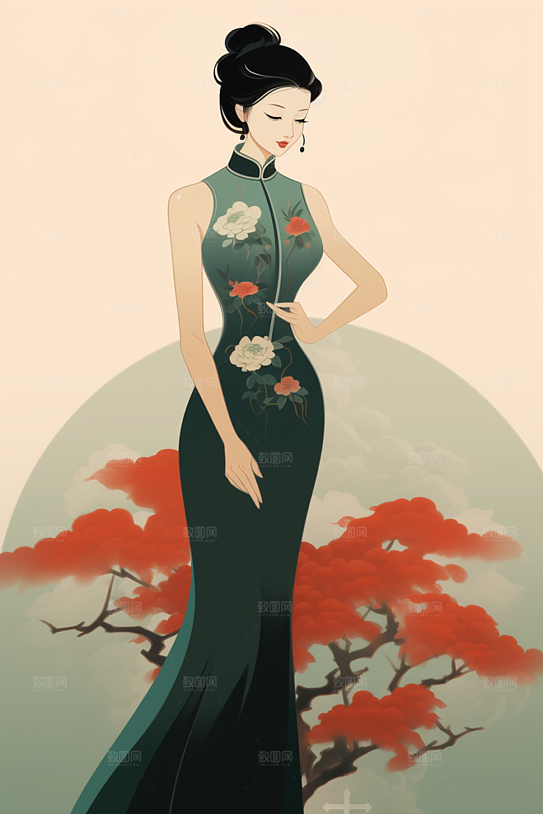 旗袍美女水墨高贵插画