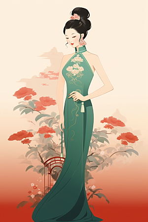 旗袍美女中式美女水墨插画