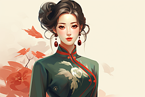 旗袍美女传统中式美女插画
