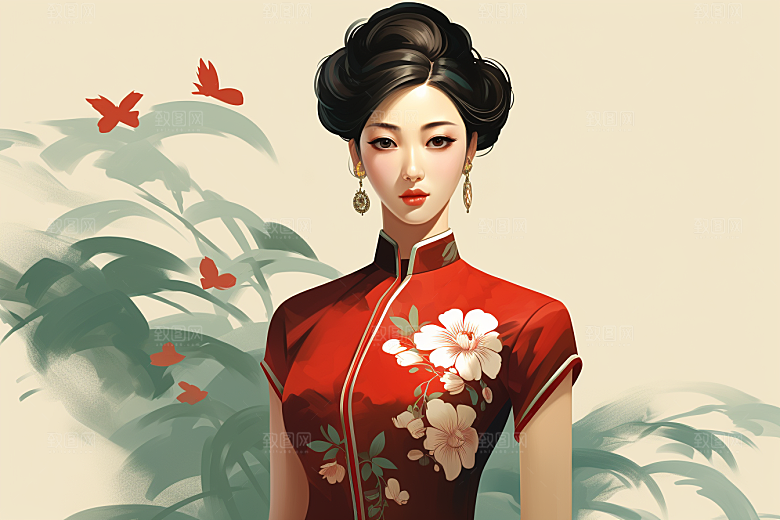 旗袍美女水墨艺术插画