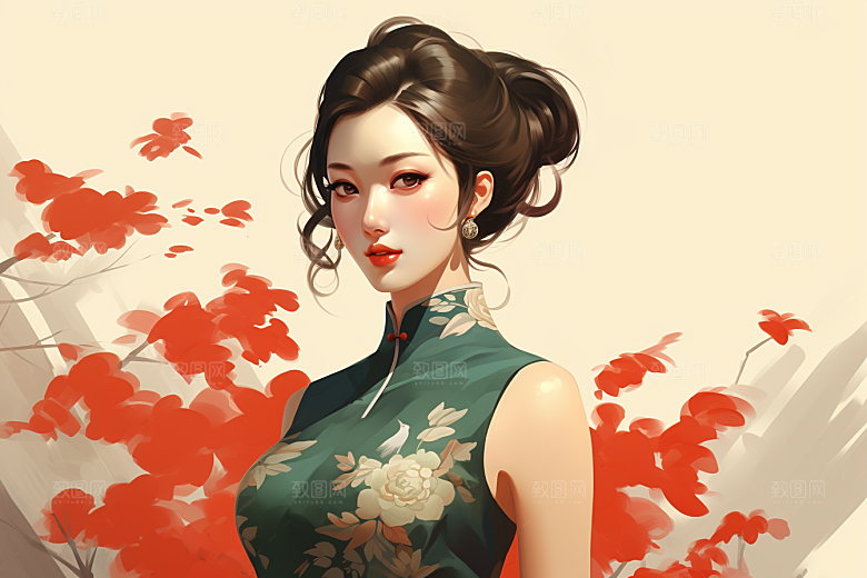 旗袍美女典雅优雅插画