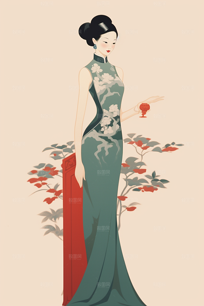 旗袍美女新中式优雅插画