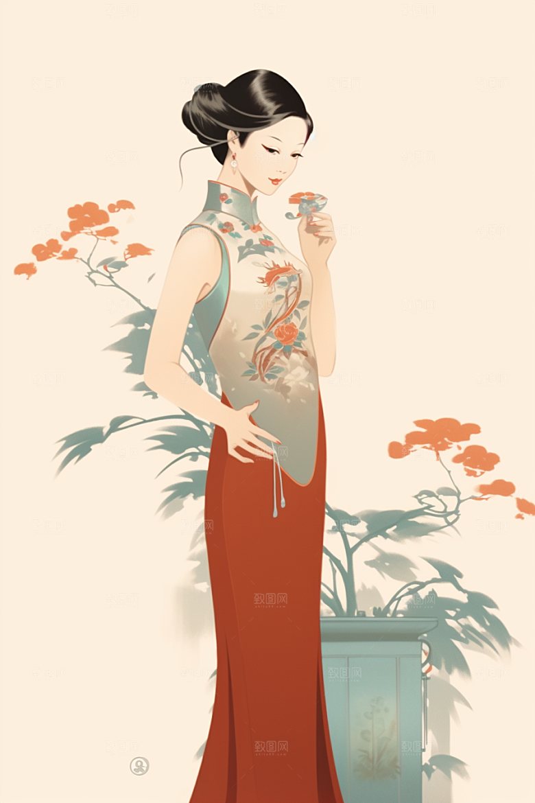 旗袍美女高贵水墨插画