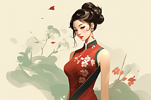 旗袍美女中国风艺术插画