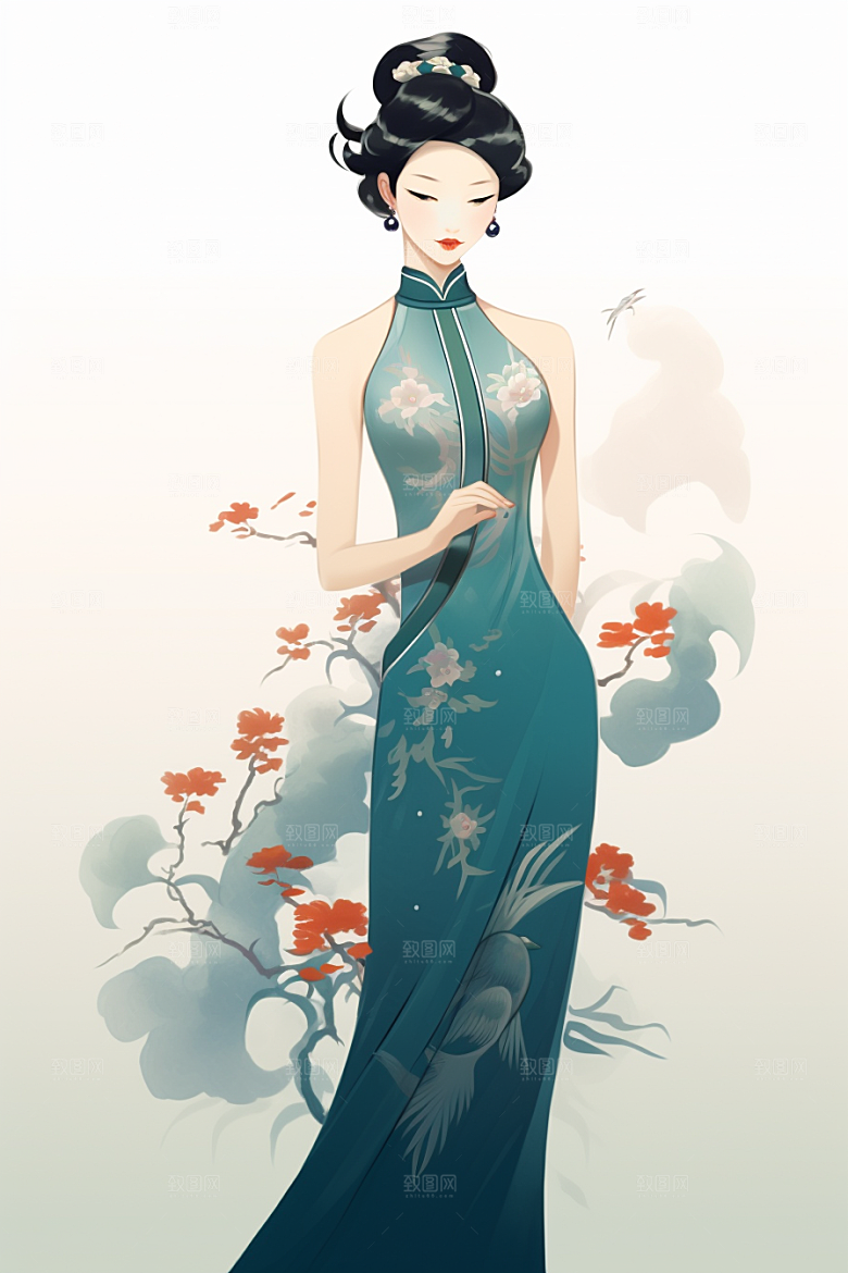 旗袍美女水墨新中式插画