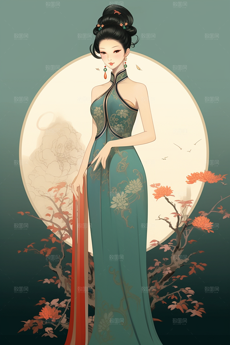 旗袍美女中国风新中式插画