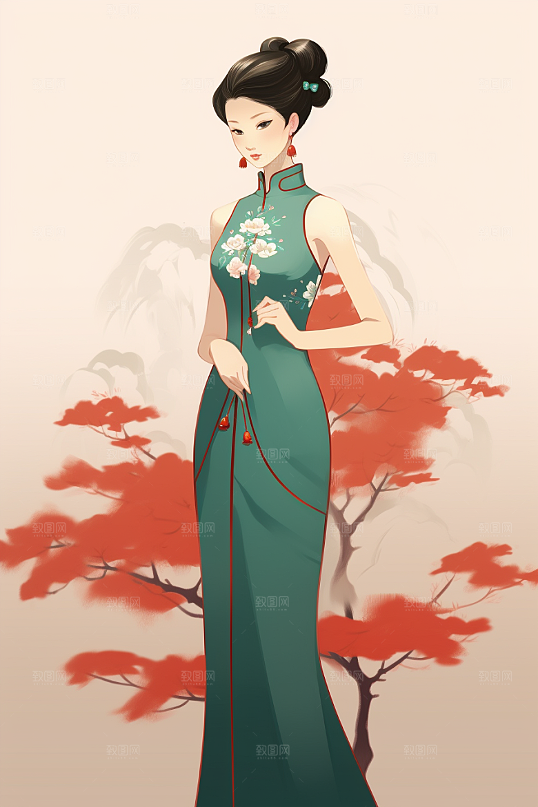 旗袍美女手绘水墨插画