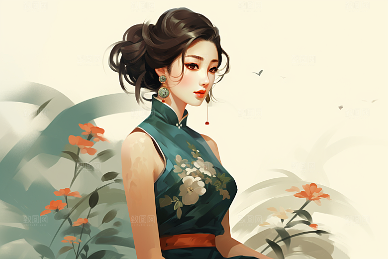 旗袍美女优雅水墨插画