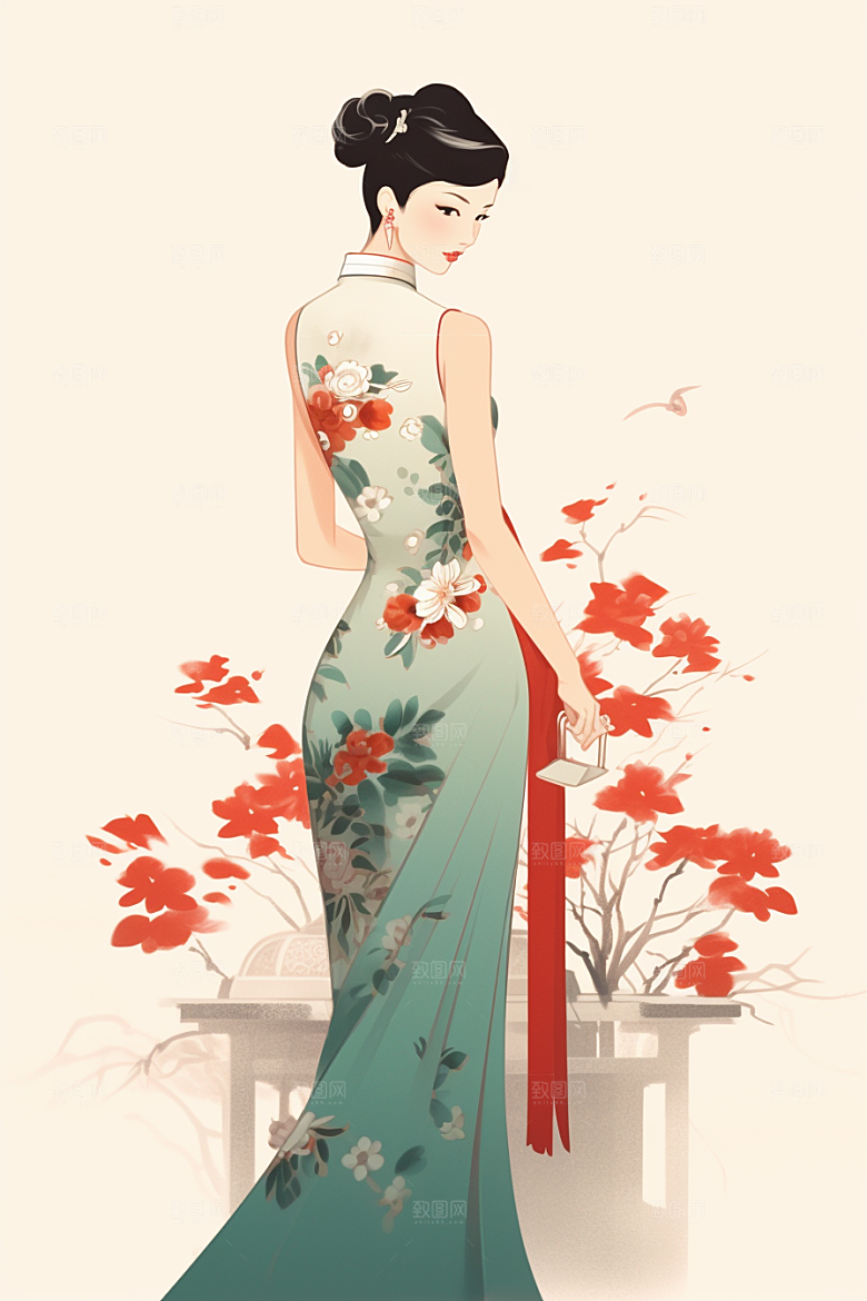 旗袍美女高贵水墨插画