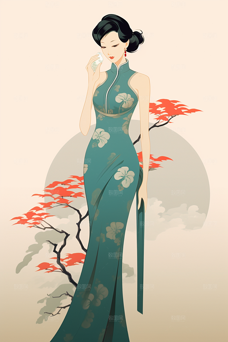 旗袍美女手绘艺术插画
