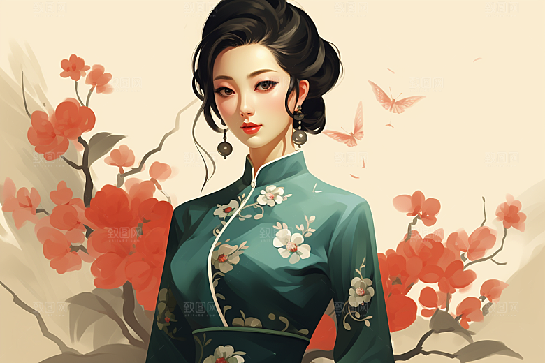 旗袍美女典雅传统插画