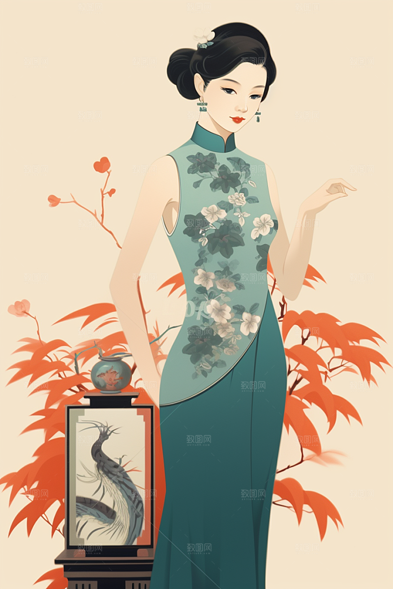 旗袍美女手绘优雅插画