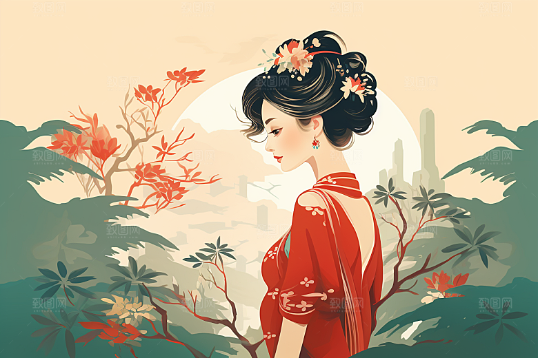 旗袍美女手绘中式美女插画