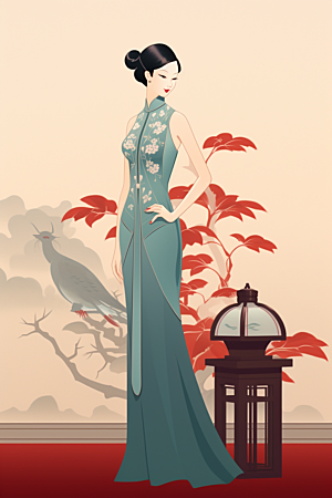 旗袍美女中式美女传统插画