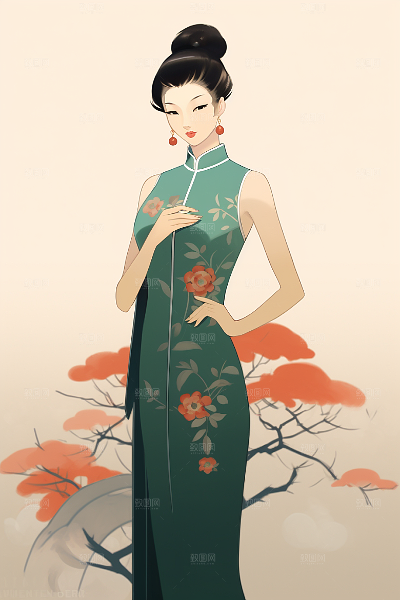旗袍美女传统水墨插画