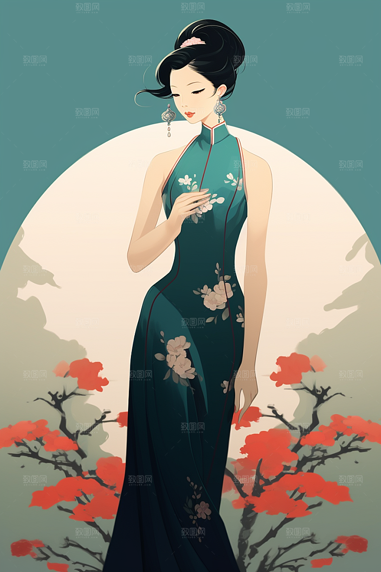 旗袍美女典雅传统插画