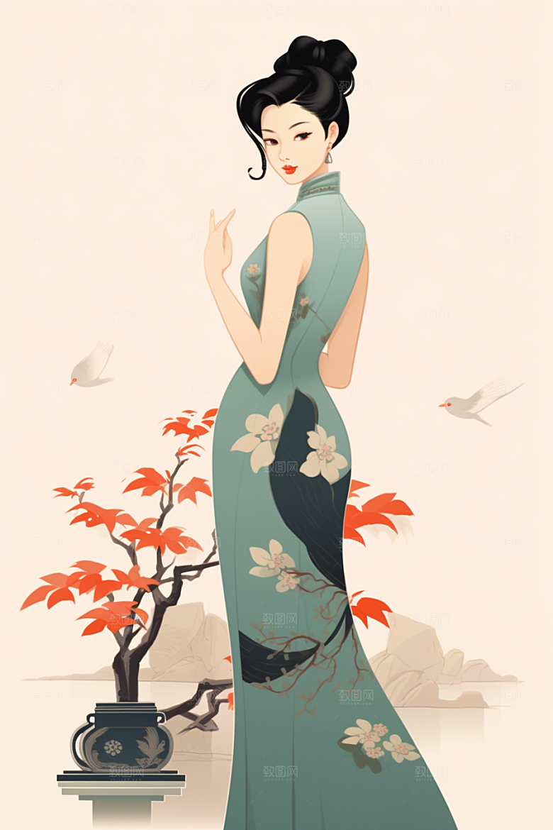 旗袍美女中式美女优雅插画