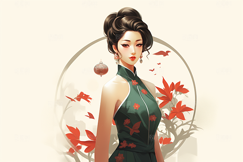 旗袍美女高贵水墨插画