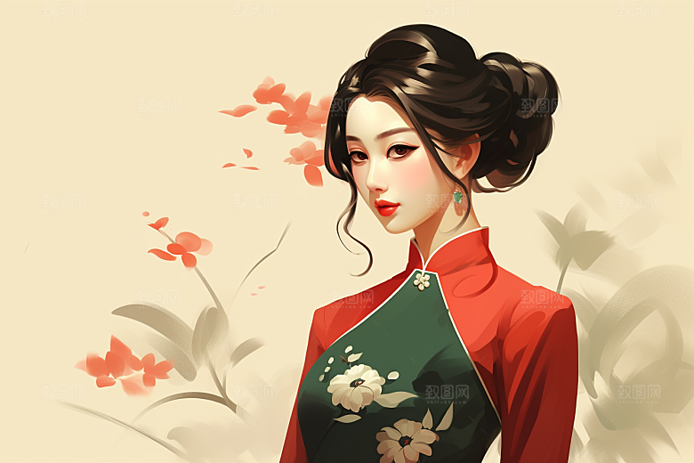旗袍美女典雅水墨插画