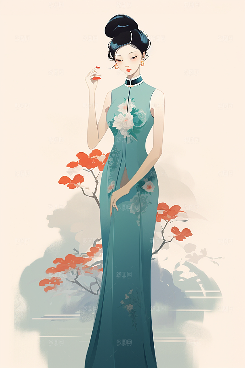旗袍美女水墨中式美女插画