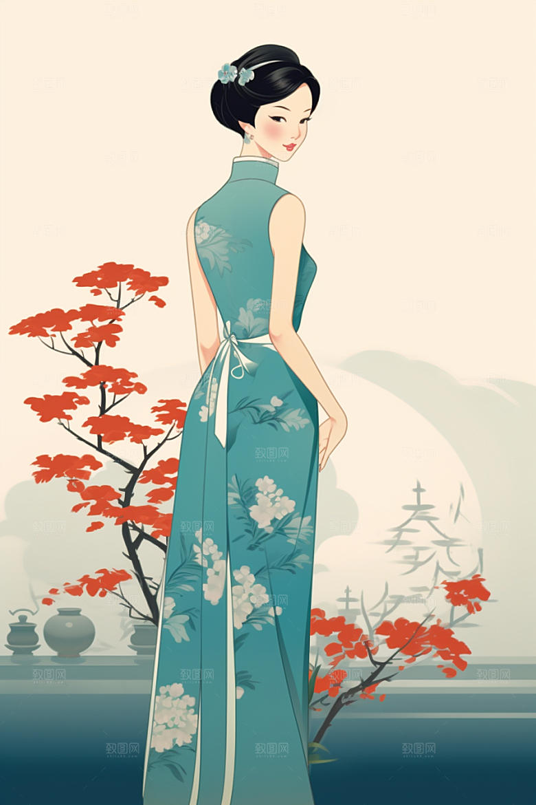 旗袍美女水墨新中式插画
