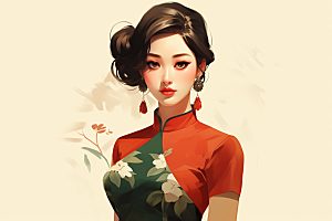 旗袍美女中式美女优雅插画
