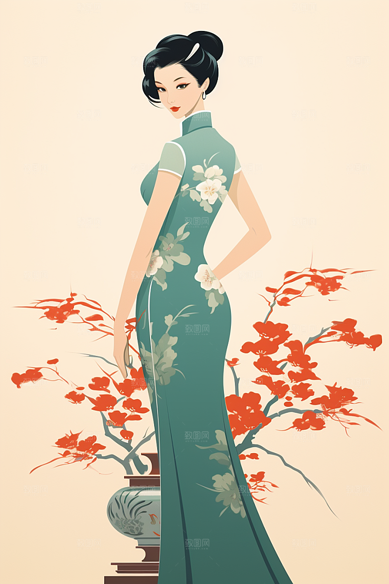 旗袍美女艺术高贵插画